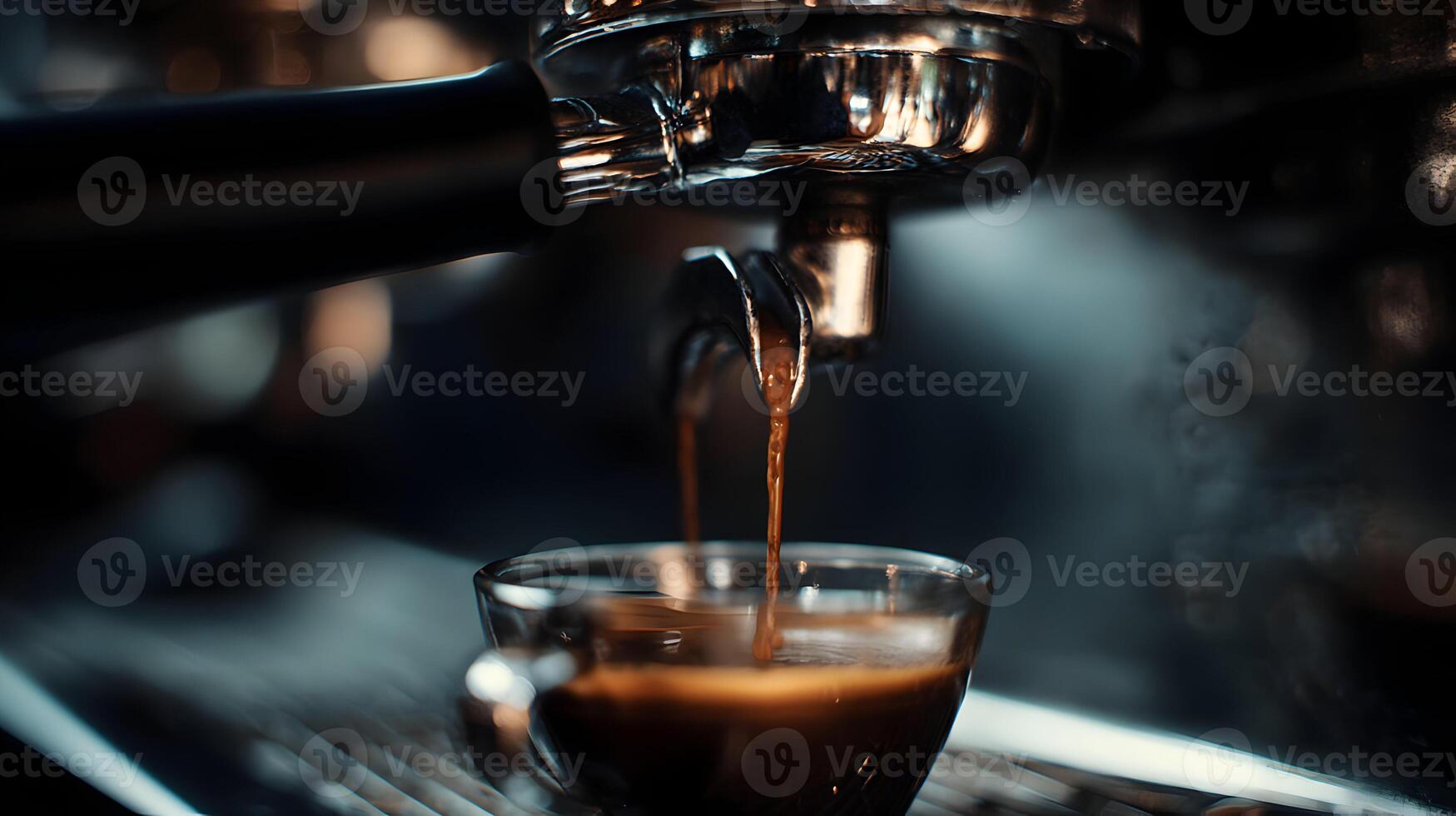 Dark espresso extraction process pouring into a clear glass cup with a bokeh background in a cozy cafe photo