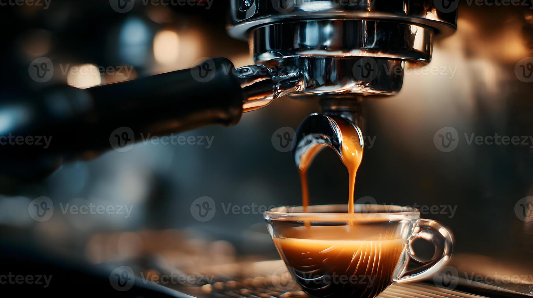 Aromatic espresso extraction into a clear glass cup showcasing the perfect crema with rich flavor photo