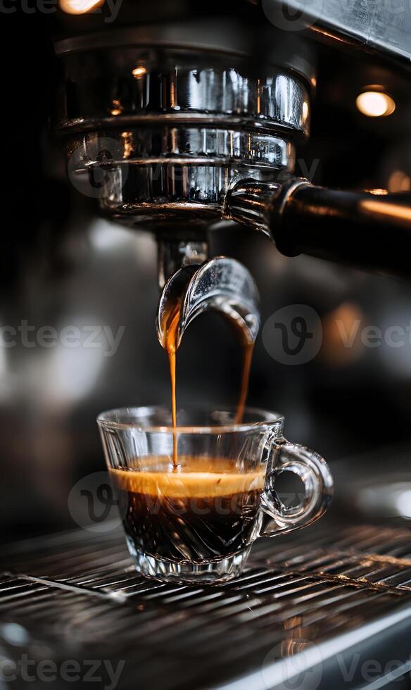 Aromatic espresso extraction filling a crystal glass in a professional machine highlighting coffee culture photo