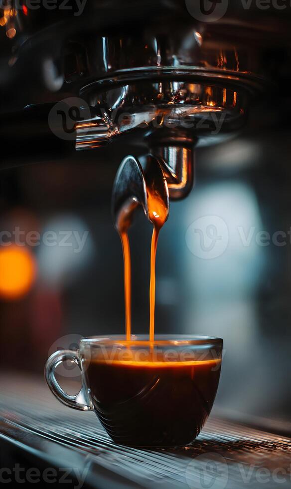 Espresso extraction creating a rich coffee in a glass cup with beautiful depth of field lighting in the background photo