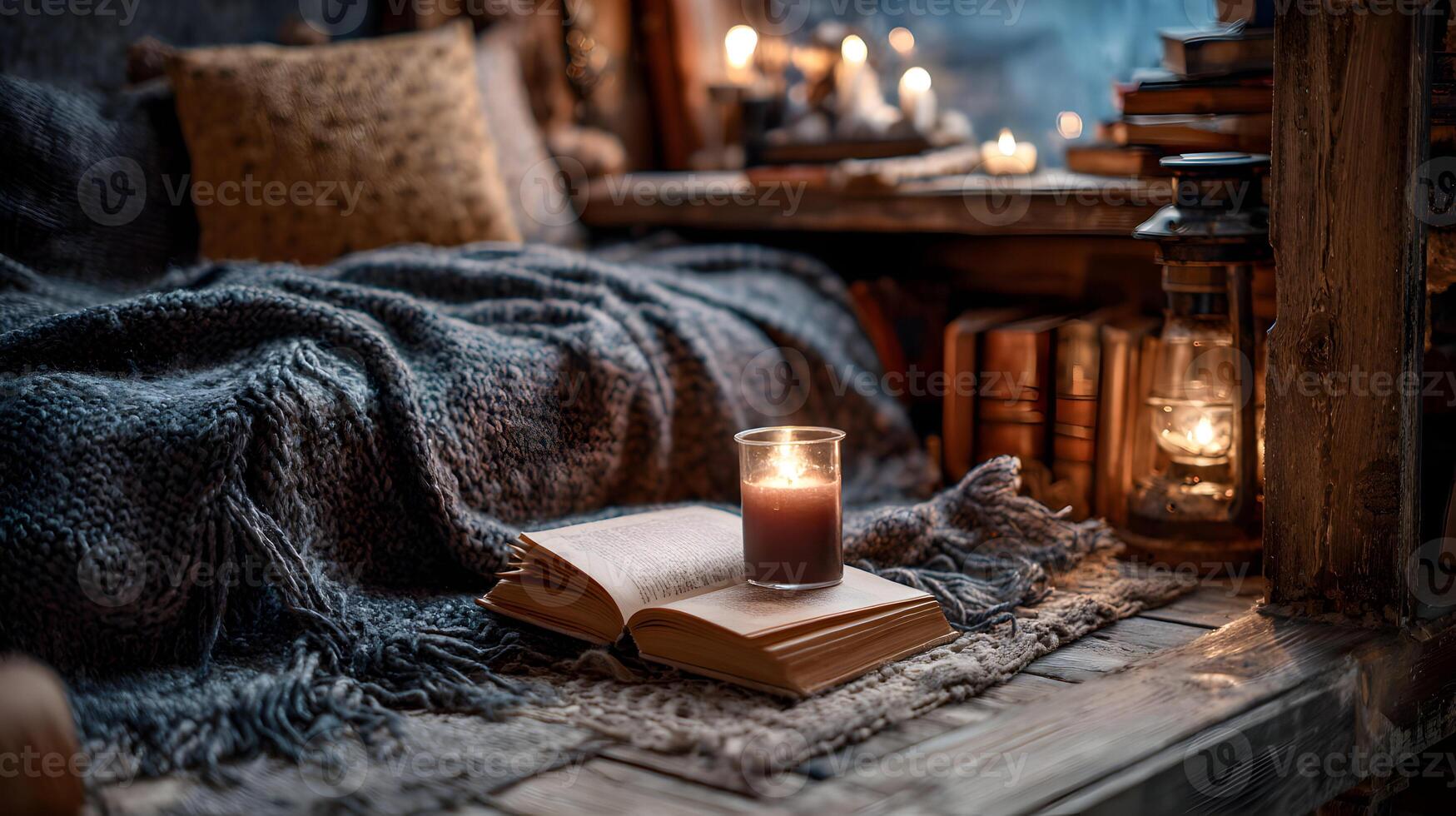Warm and inviting cozy scene with a lit candle book and soft blanket creating a peaceful ambiance photo