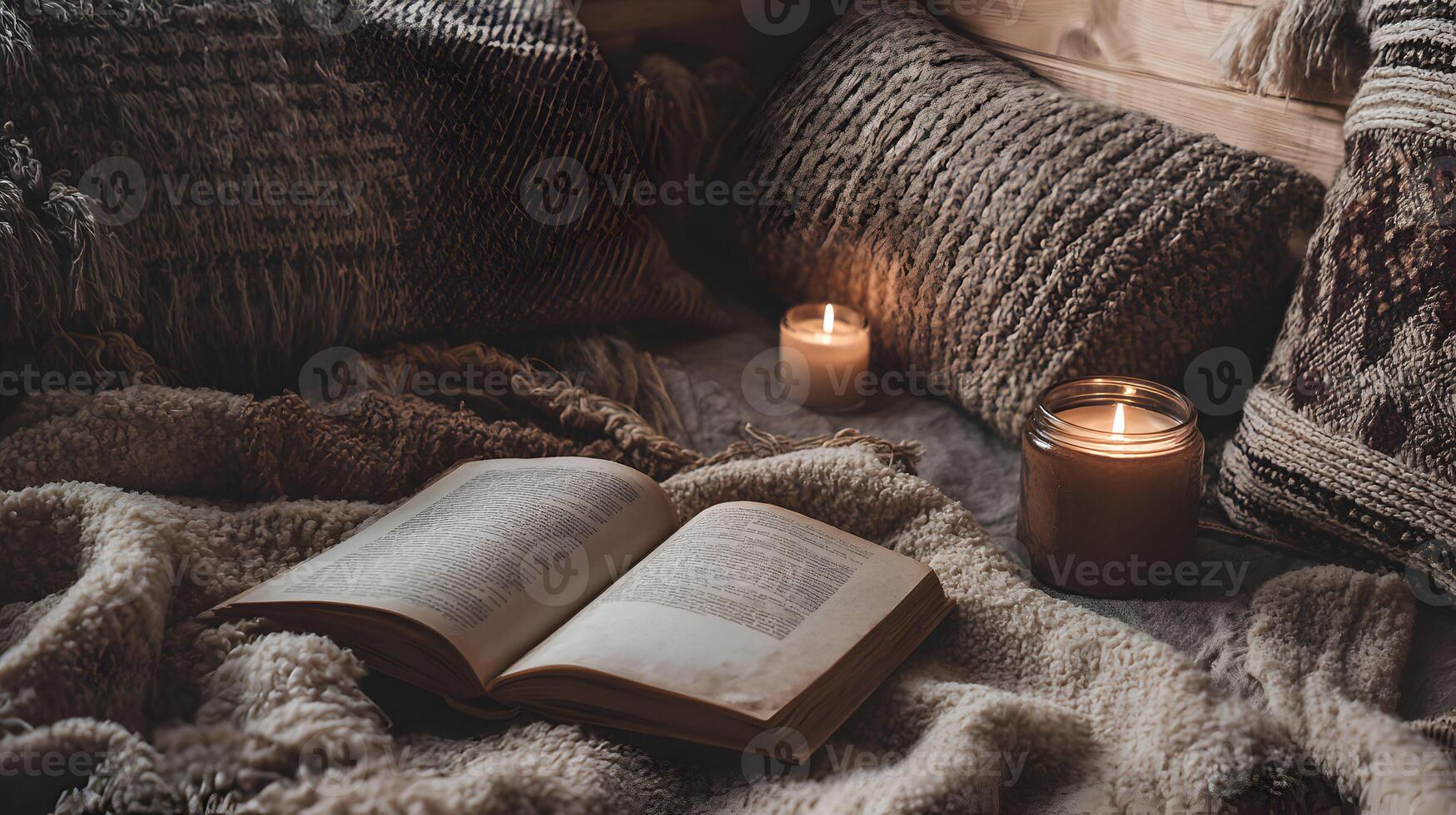 Cozy reading nook featuring an open book nestled among soft blankets and flickering candles glow photo