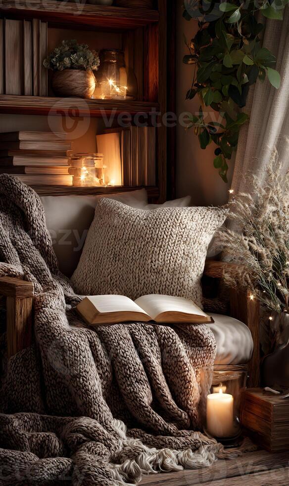Cozy corner for relaxation and reading with soft blanket book and warm candle light perfect for unwinding photo