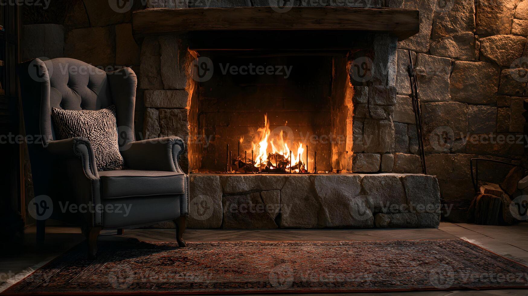Cozy evening with a crackling fireplace and comfortable armchair offering a warm and inviting ambiance photo