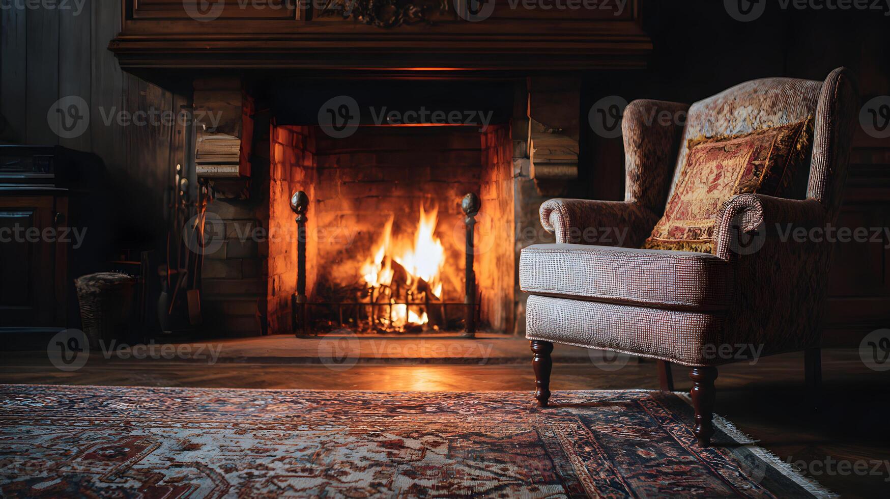 Cozy ambiance invites relaxation with a crackling fireplace and plush armchair in a rustic setting photo