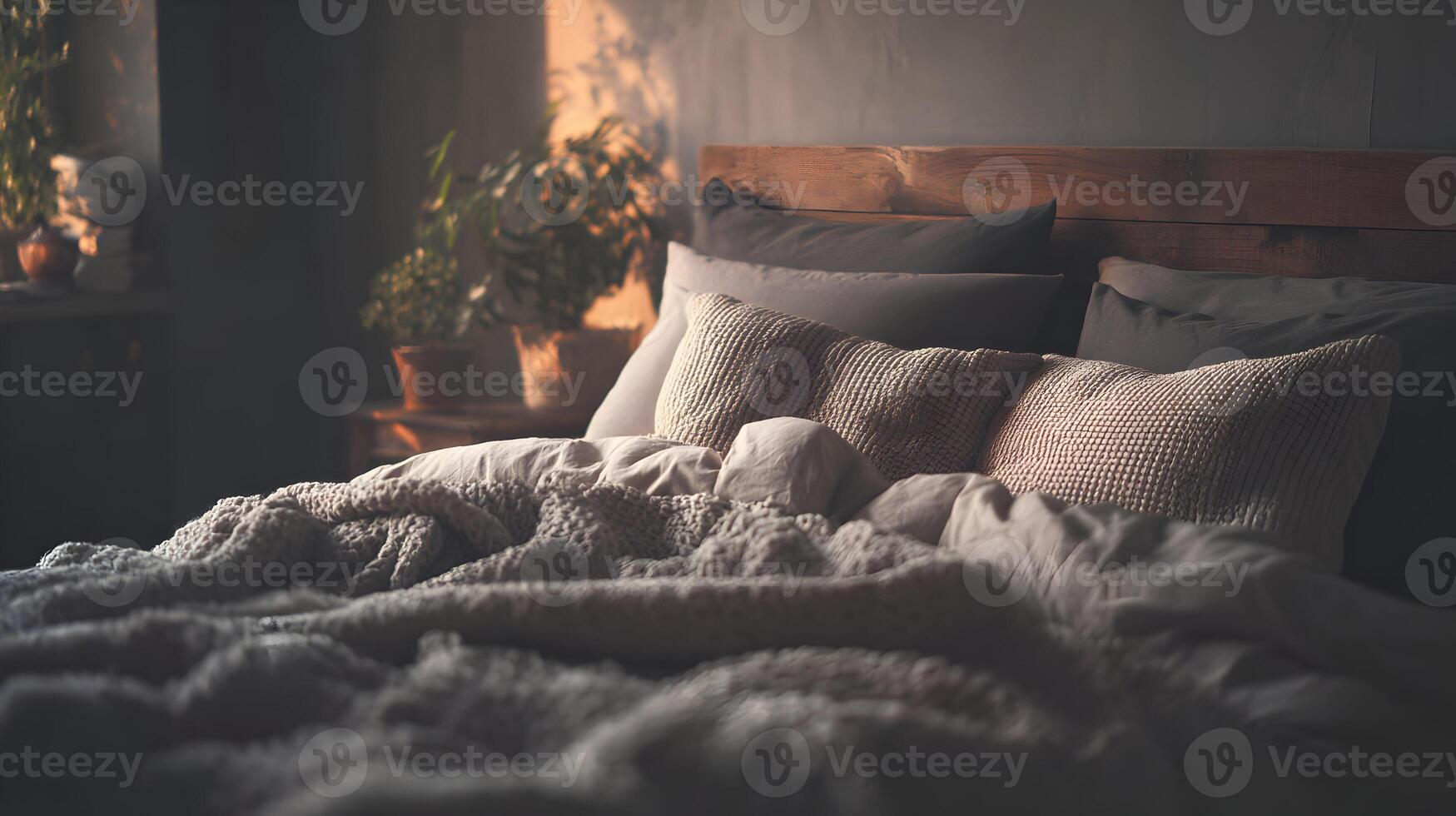 Serene morning light illuminates a cozy bedroom featuring a comfortable bed with textured linen photo