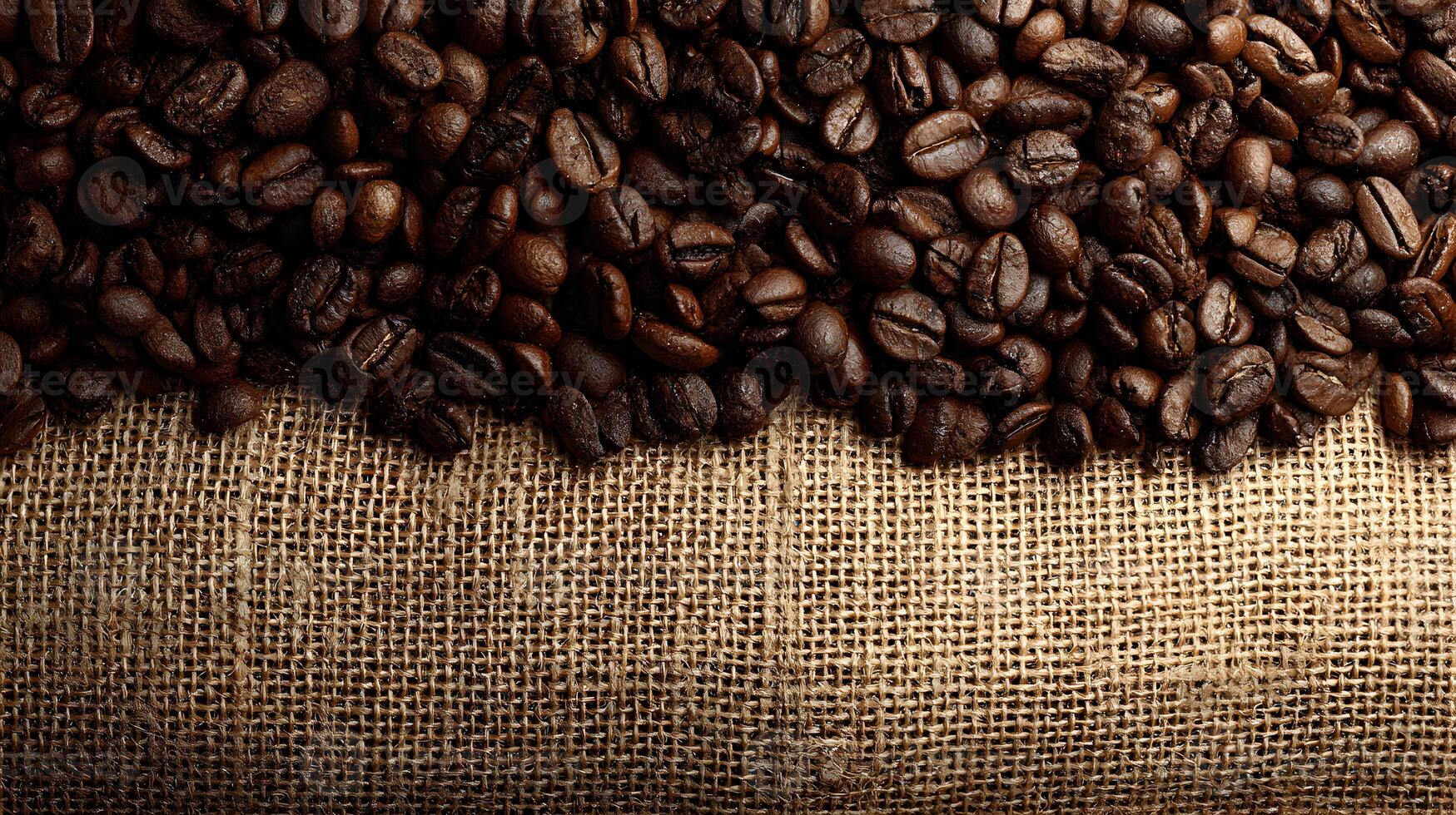 Roasted coffee beans cascade onto a rustic burlap surface creating a warm inviting ambiance photo