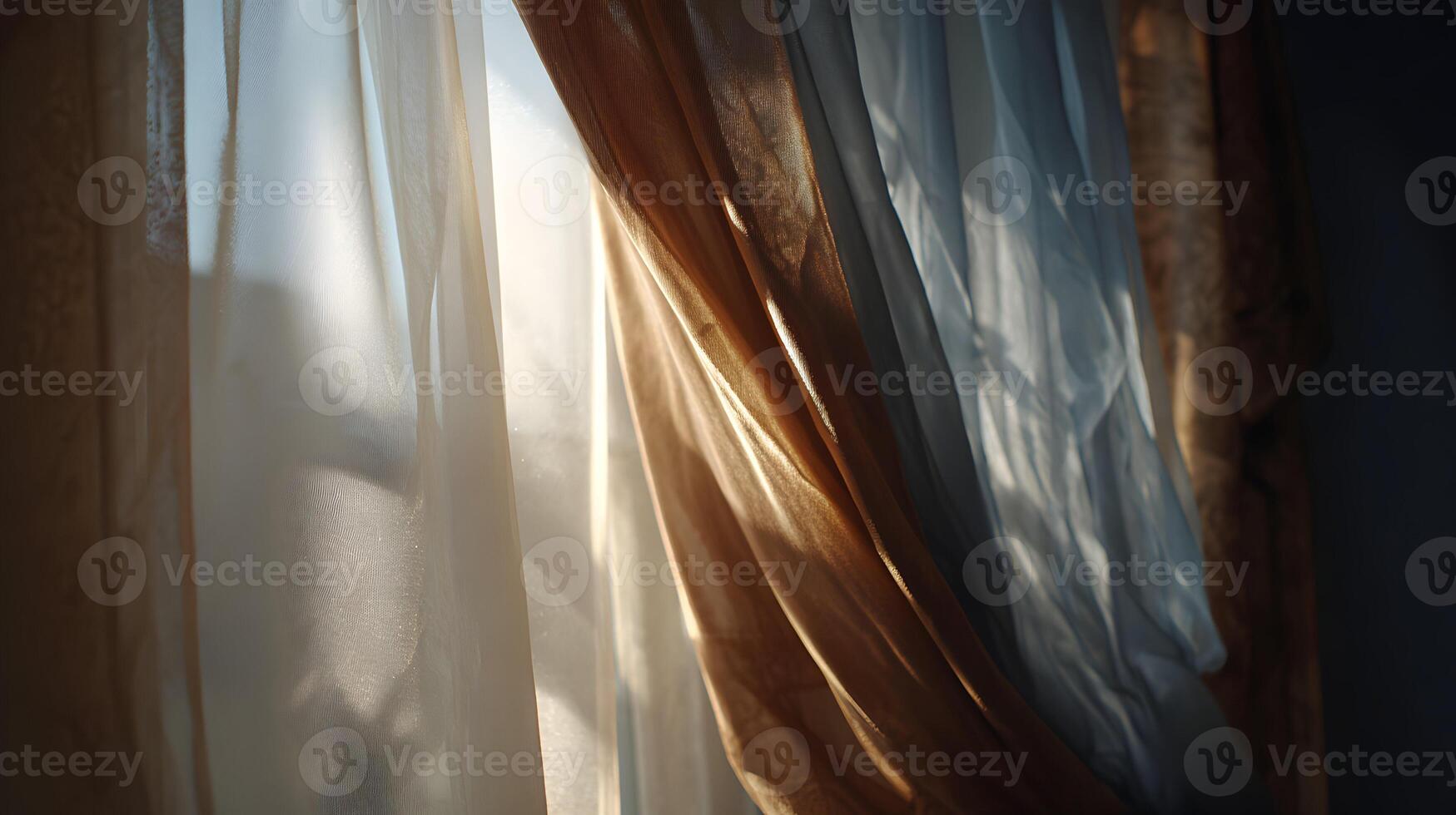 Sunlight streams through sheer curtains casting shadows and creating a soft diffused light inside room photo