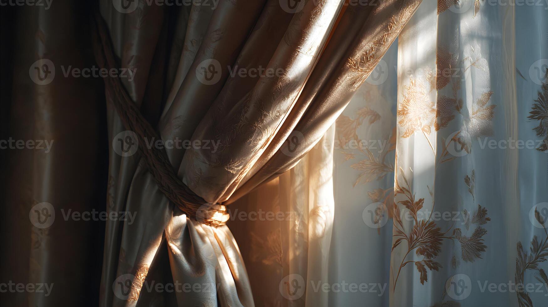 Sunlight streams through tied floral curtains creating a warm inviting atmosphere in the room photo