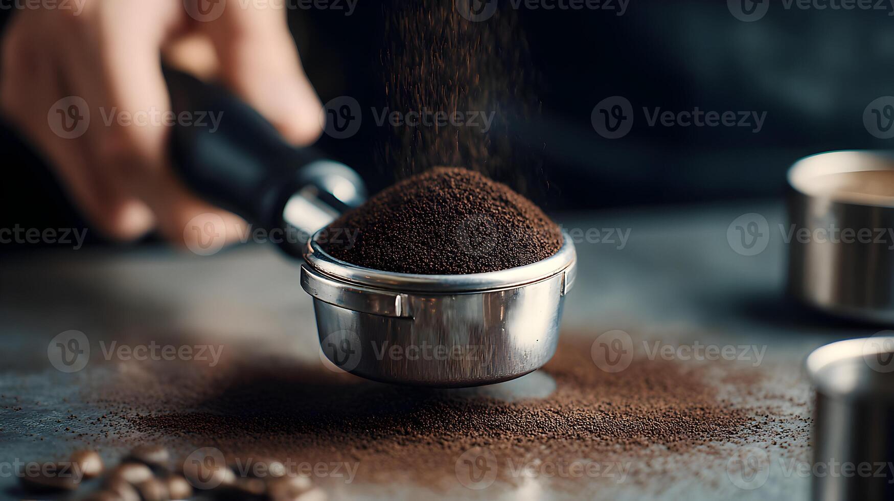 Close up image of coffee grounds falling into a portafilter in preparation for making espresso photo