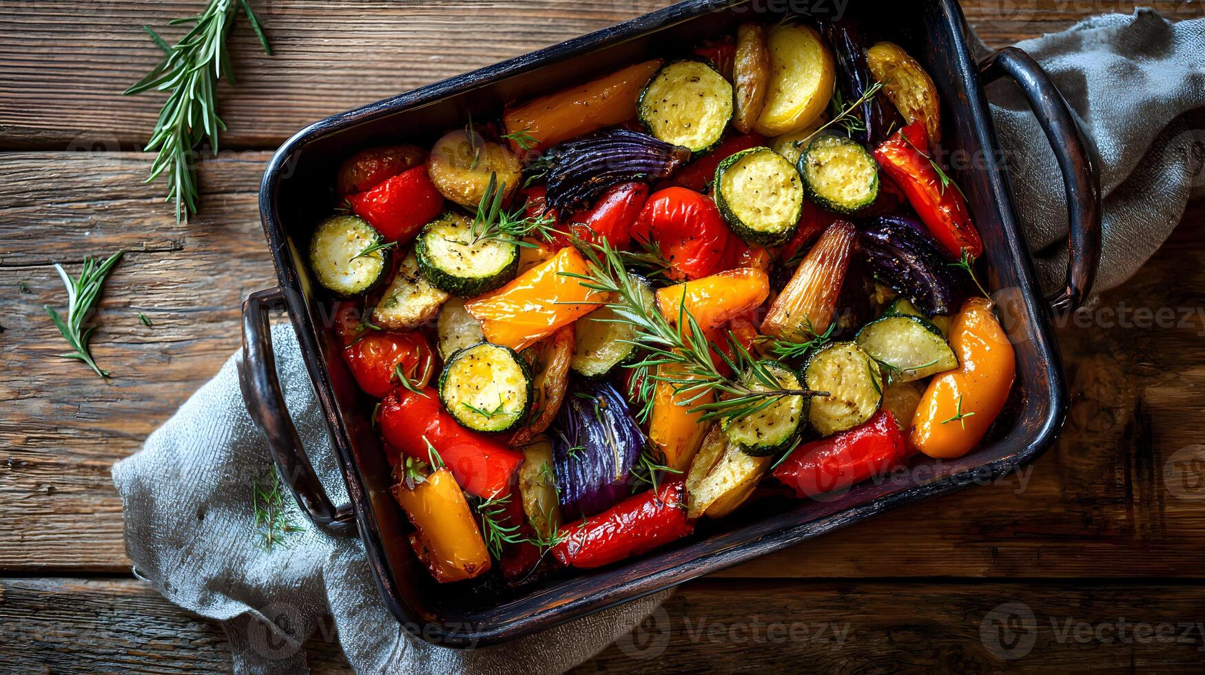 Oven roasted vegetables fresh and vibrant presented on a wooden table with rustic charm photo