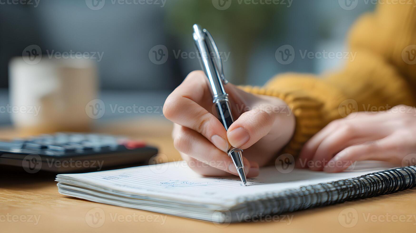 Woman is calculating finance with calculator and writing in a notebook with pen on desk at home photo