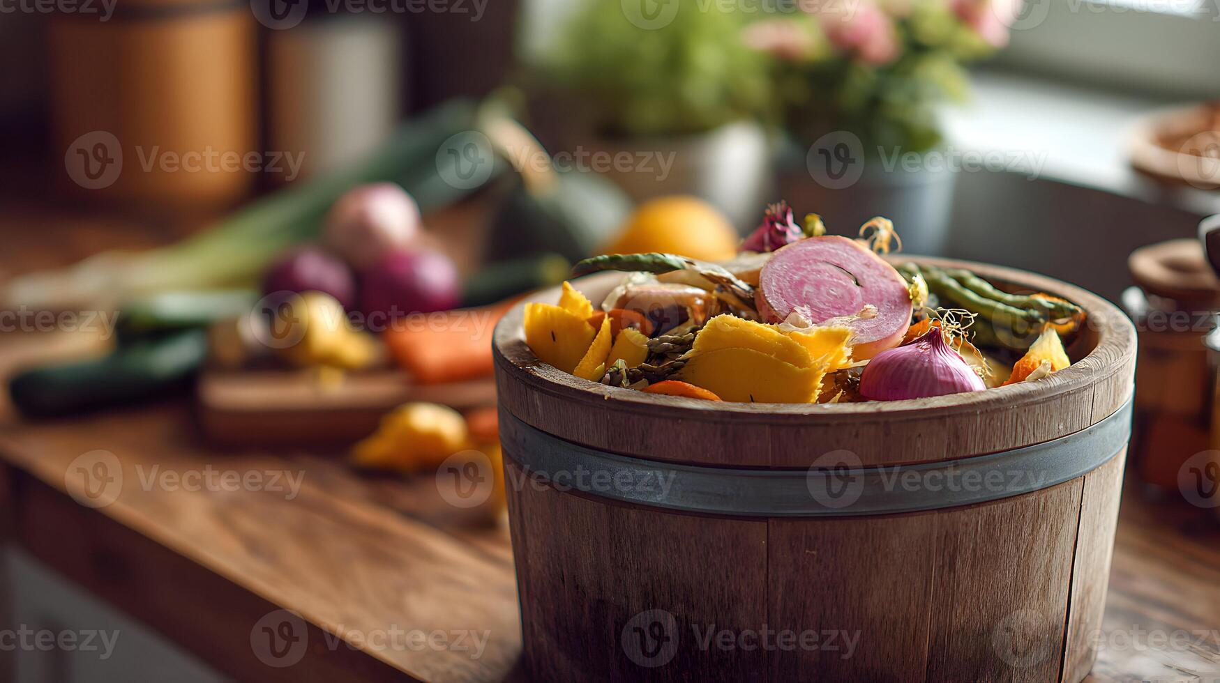 Rustic kitchen scene with compost bin filled with vegetable scraps and fresh produce on counter photo