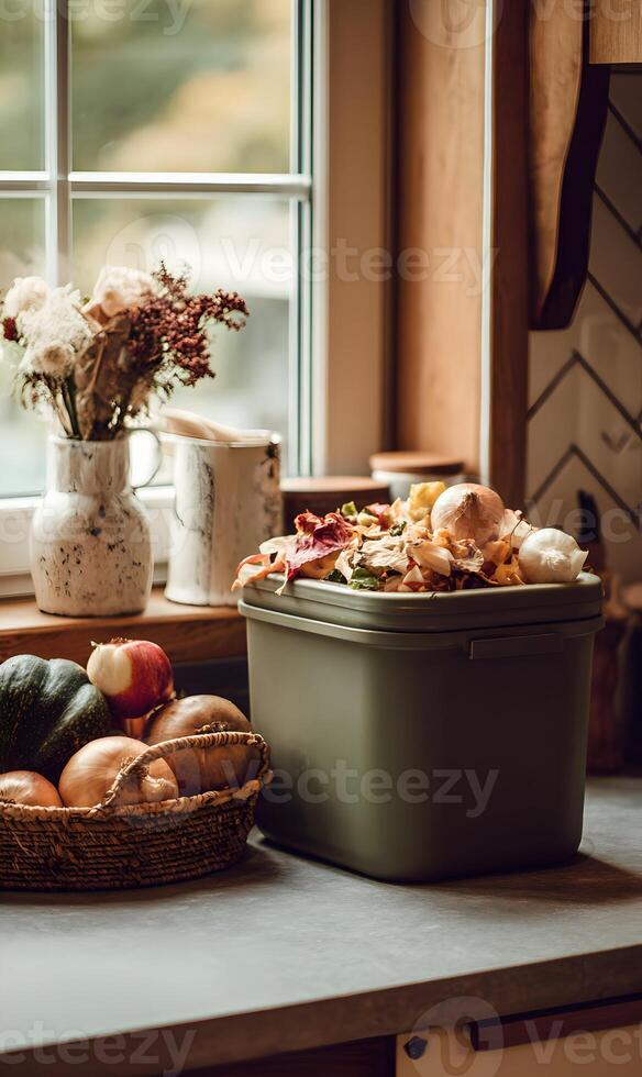 Sustainable living compost bin near window with autumn decorative elements embracing mindful consumption photo