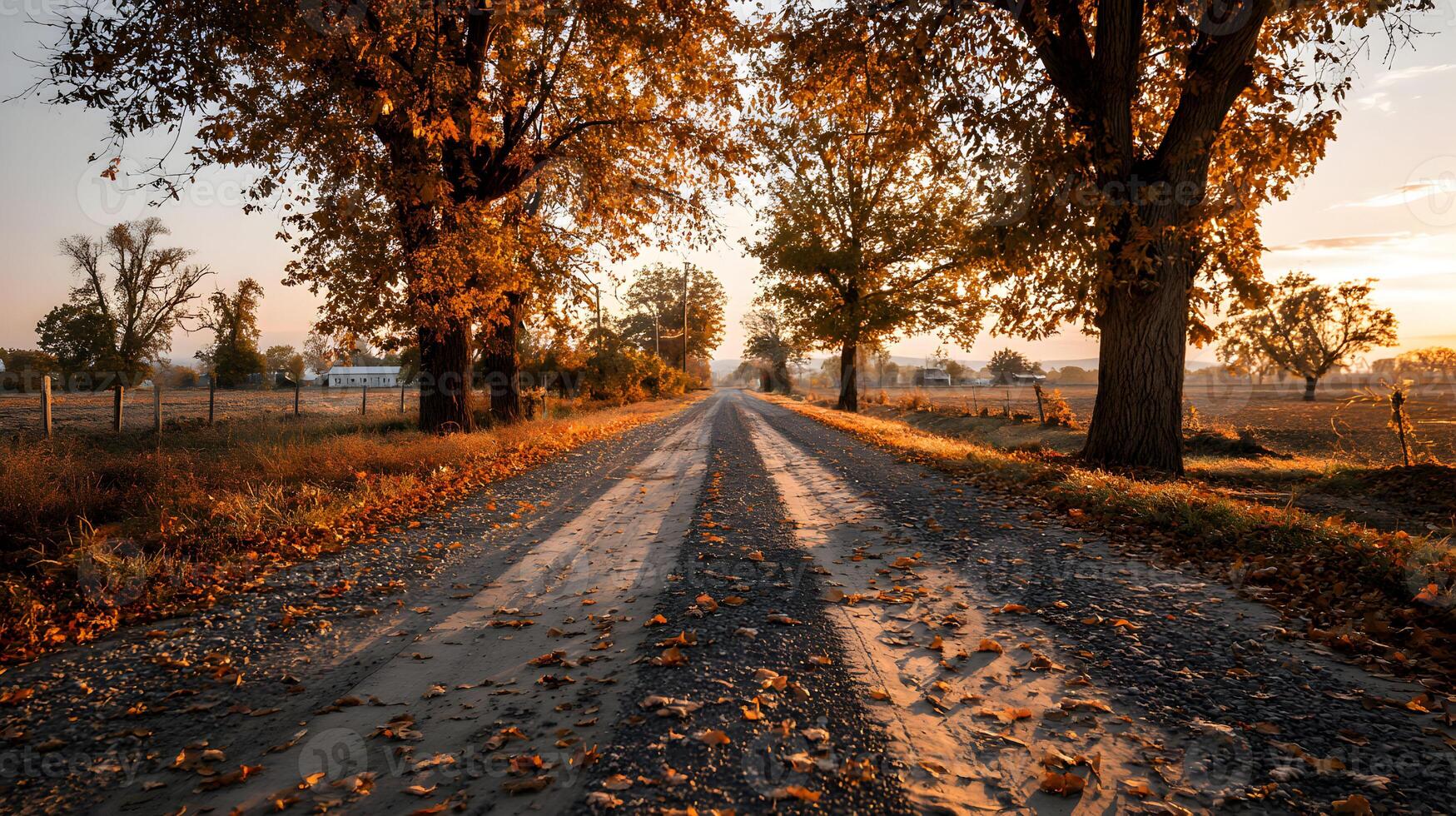 A scenic rural road during autumn season with golden light streaming through the trees branches photo