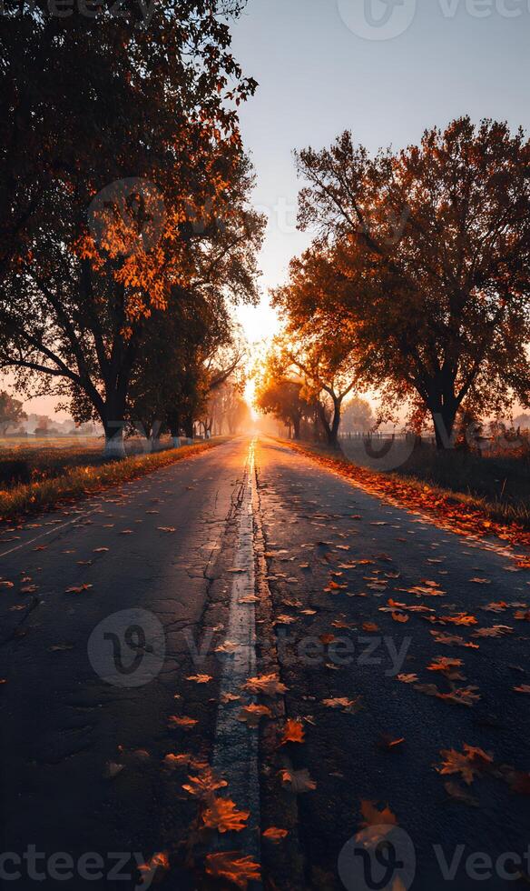 Autumn road bathed in golden sunlight serenity journey through nature's canvas scenic beauty travel photo