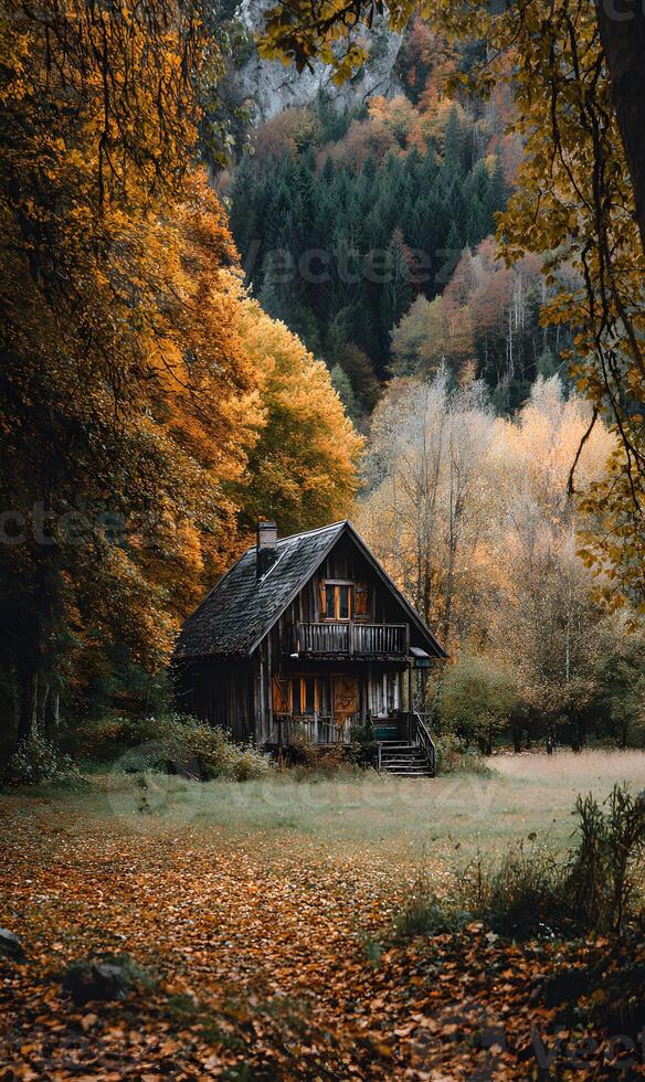 Autumnal haven a rustic cabin nestled amidst vibrant foliage creating a serene and inviting landscape retreat in nature photo
