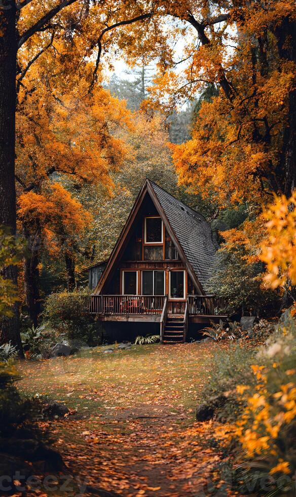 Cozy cabin nestled amid vibrant autumn foliage creates a serene and inviting woodland retreat atmosphere photo