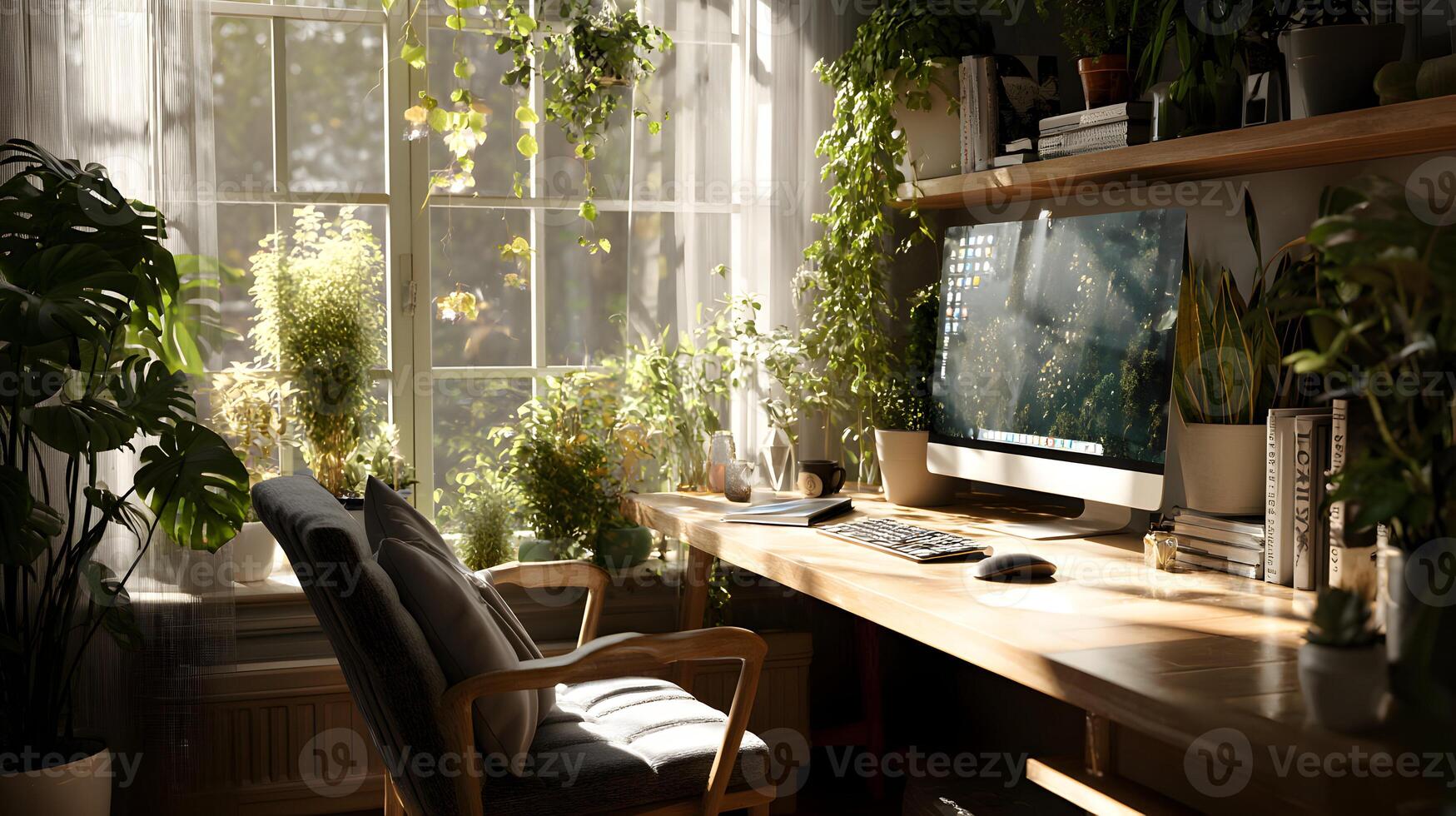 Sunlit home office oasis with lush greenery surrounding a modern computer setup for a peaceful workspace photo