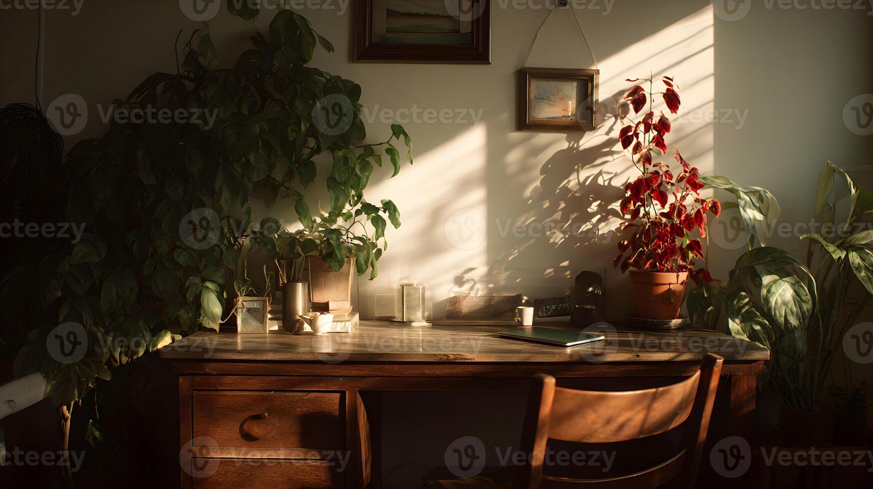 Sunlit workspace a cozy corner with vintage desk plants and warm light creating a serene atmosphere photo