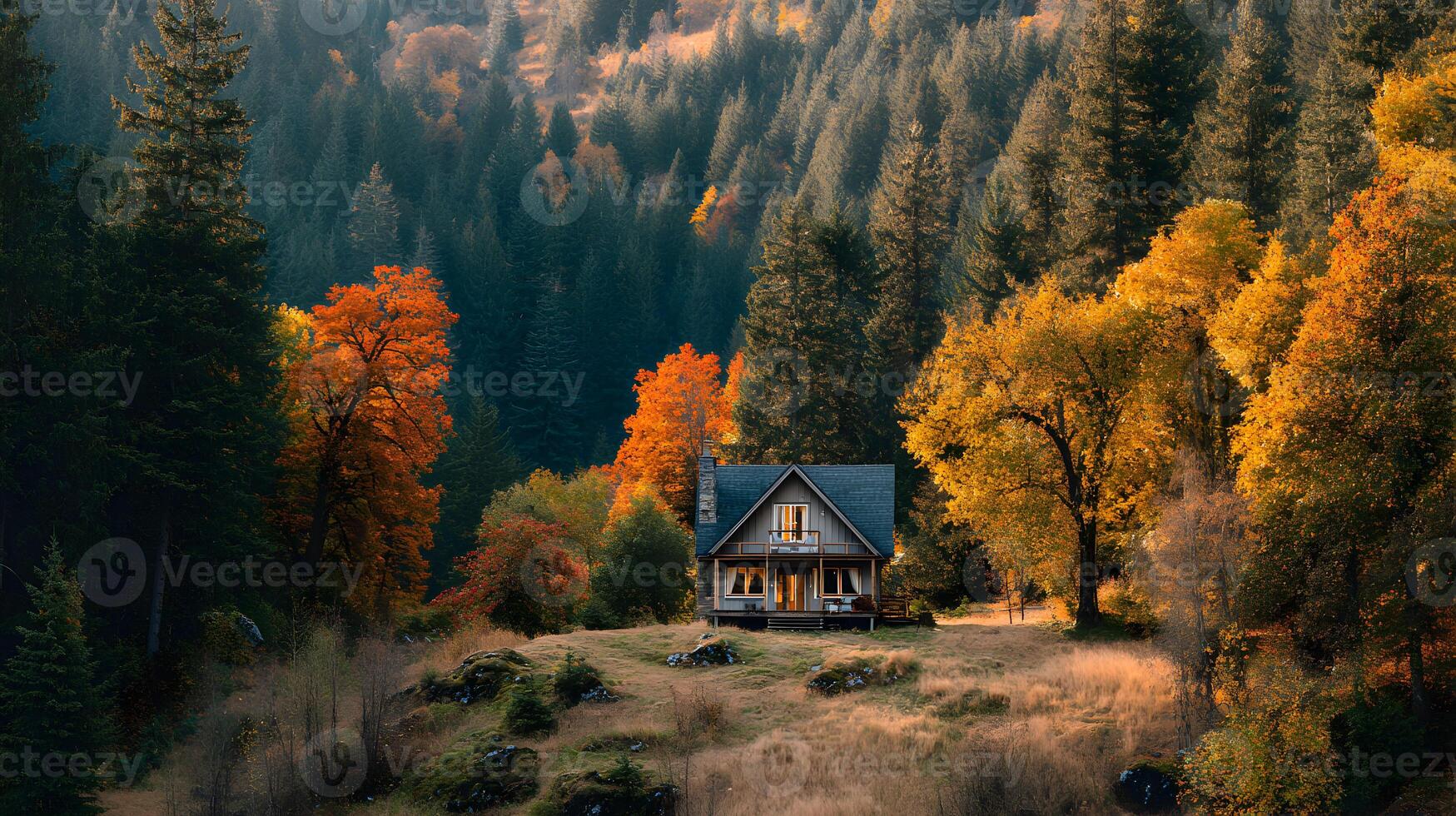 Secluded cabin nestled amidst the vibrant hues of autumn foliage creating a serene getaway destination photo