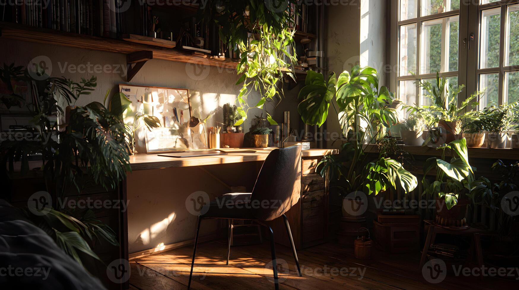 Serene workspace bathed in warm sunlight with thriving plants creating a peaceful ambiance and focus photo