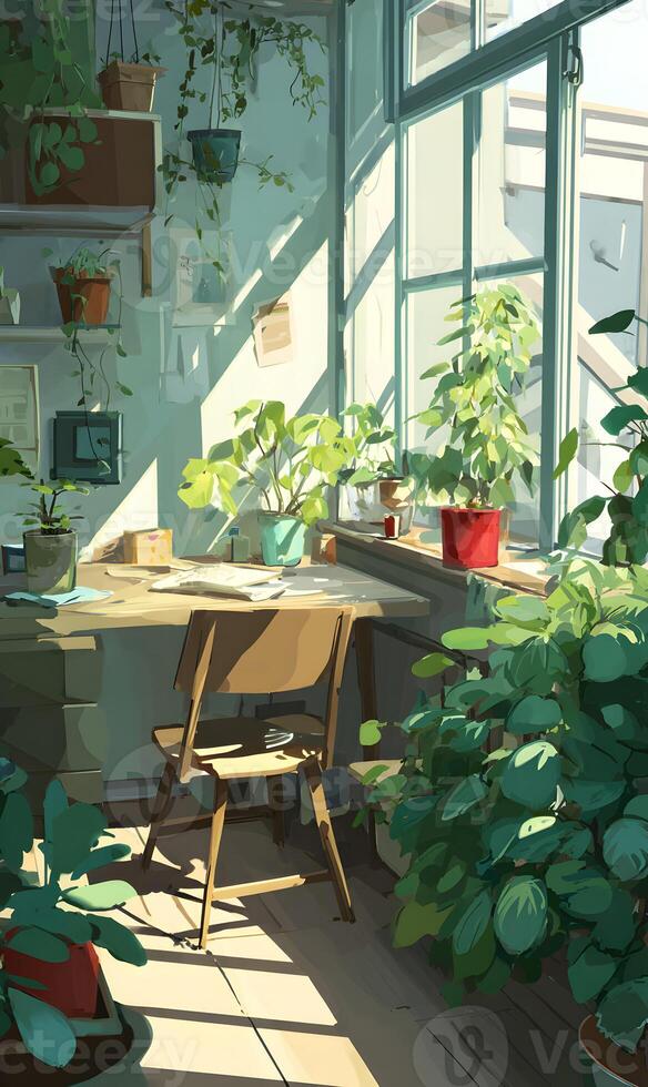 Sunlit sanctuary plants bring peaceful indoor garden to life in calm room with desk and window view photo