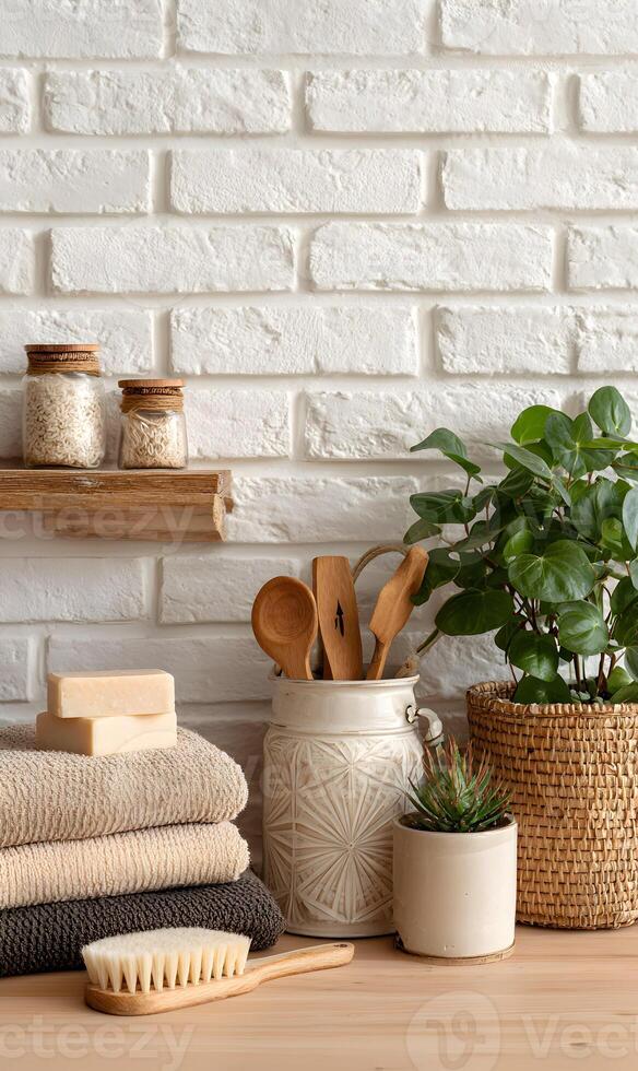 Rustic bathroom decor with natural elements emphasizing a serene and eco friendly environment in a modern setting photo