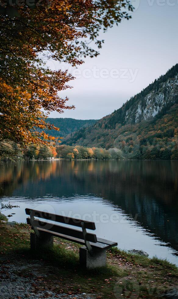 A serene autumn day at a tranquil lake with a wooden bench perfect for peaceful contemplation and reflection in nature photo