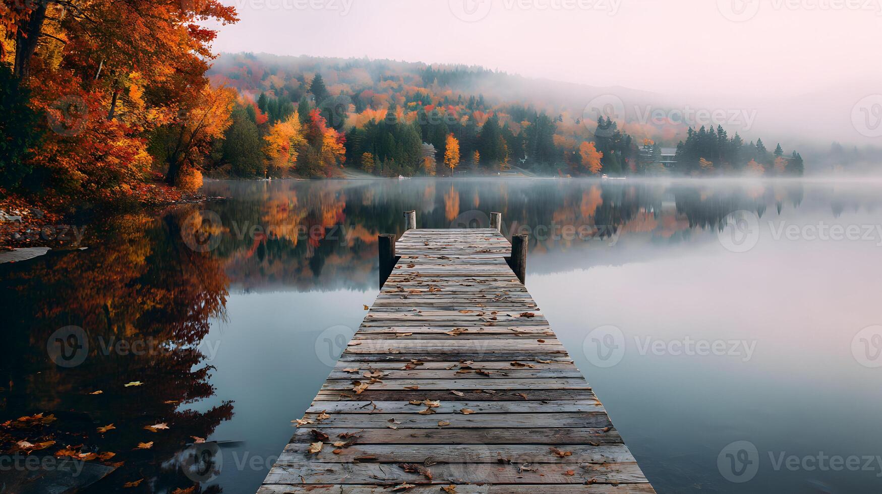 Autumn serenity on a foggy lake wooden dock leading to misty fall foliage reflection photo