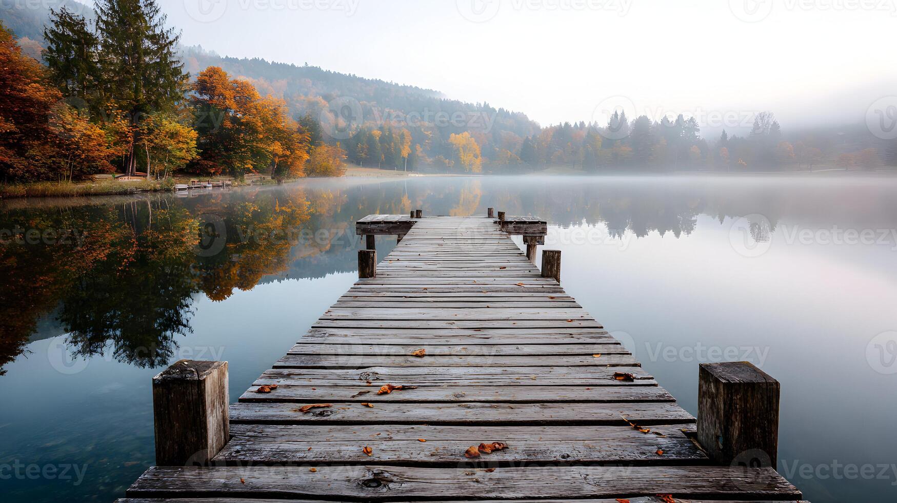 Captivating view of a wooden pier stretching into a tranquil lake embraced by soft morning mist photo