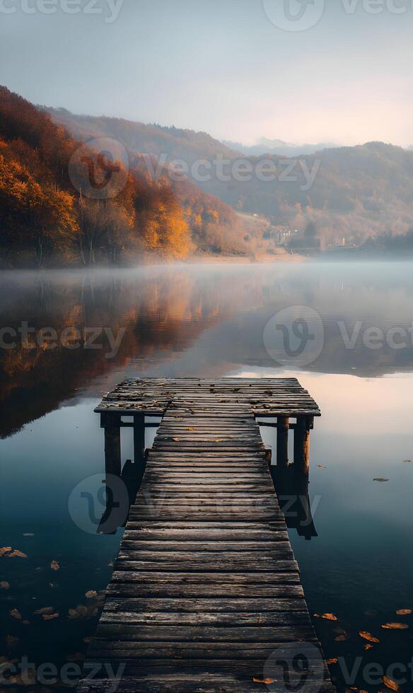 Wooden pier on a tranquil lake surrounded by autumn colored trees offering a peaceful escape landscape serenity photo