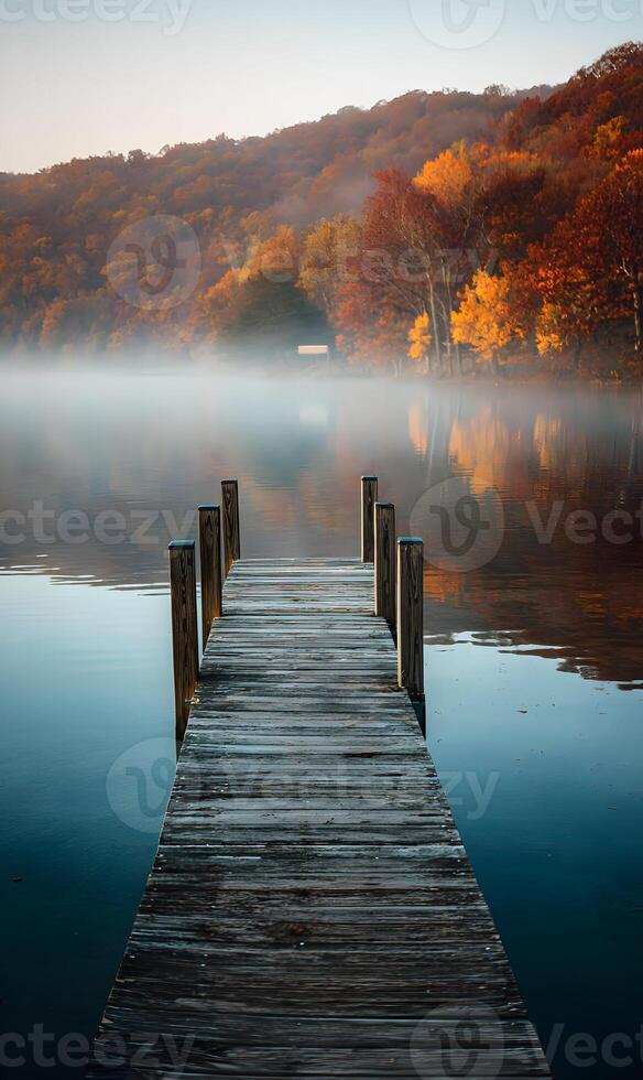 Scenic autumn lake view with wooden pier leading to misty waters and colorful foliage landscape serenity photo