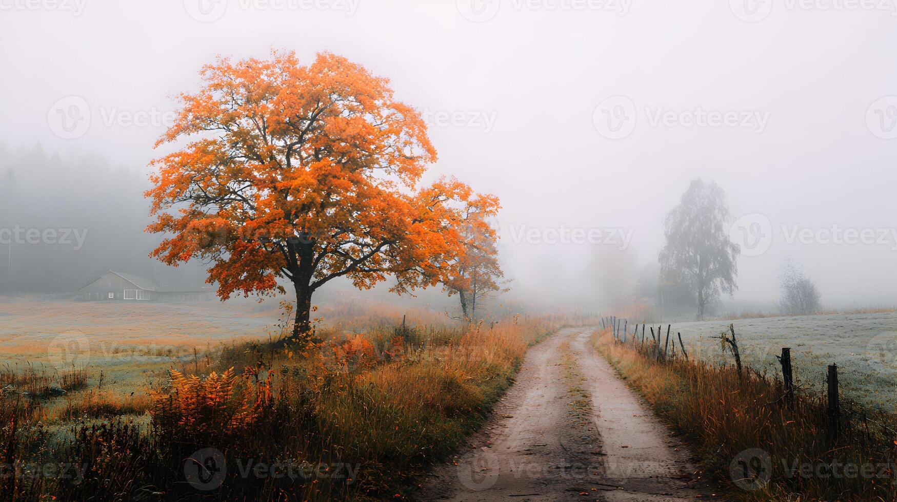 Misty Autumn Landscape with Vivid Orange Tree and Rural Path Creates Serene Countryside Scene photo