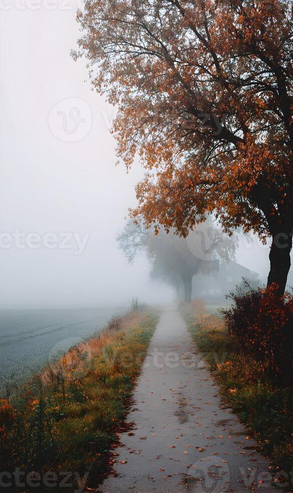 Mystical autumn pathway unfolds through a serene misty landscape evoking tranquility and reflective stillness for nature lovers photo