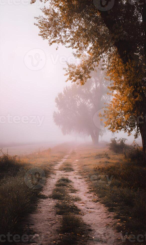 A serene journey through misty landscapes unveils nature's beauty along the tranquil pathway at dawn photo