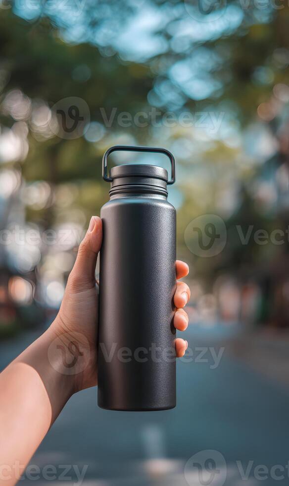Hydration on the go a hand holding a sleek reusable water bottle amidst natural beauty and fresh air photo