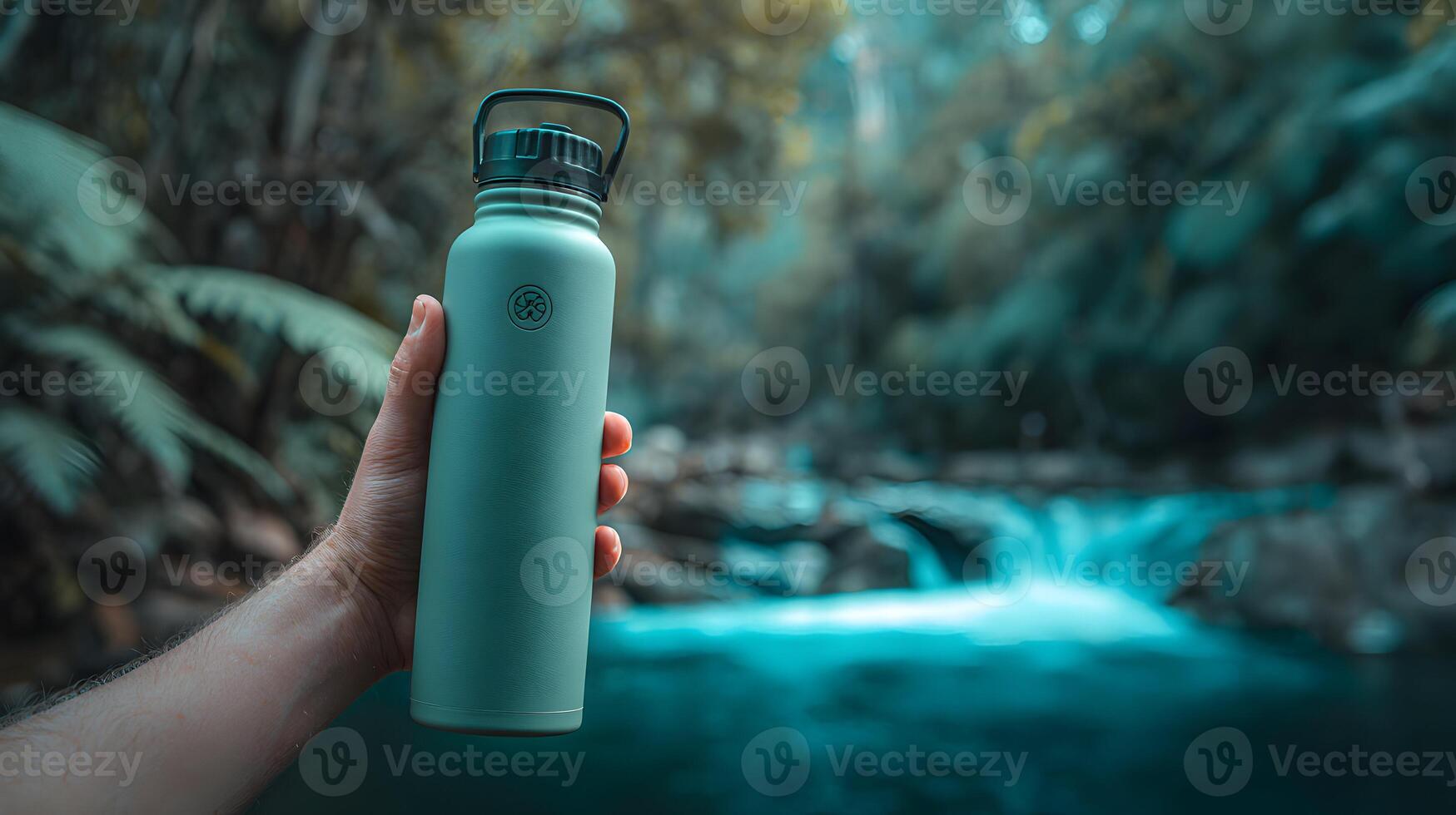 Hand holding reusable water bottle with nature background showcasing active sustainable lifestyle photo