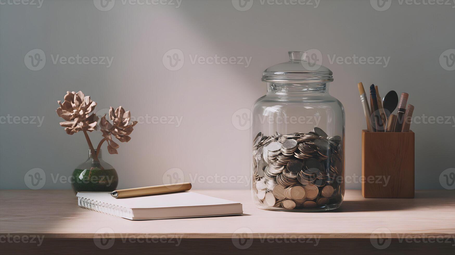 Still life photography featuring a jar full of coins a pen on a notebook and other objects photo