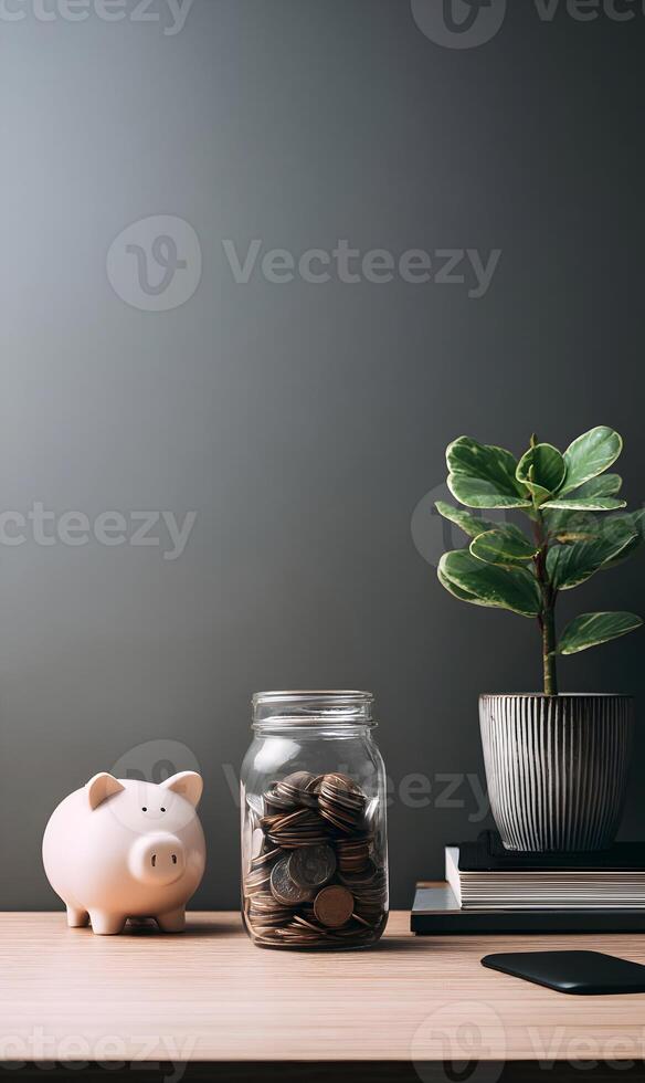 Savings concept showcasing a piggy bank a jar full of coins and a plant on a wooden surface photo