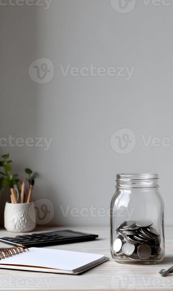 Savings in a glass jar near notebook and pencils for financial growth and investment planning future photo