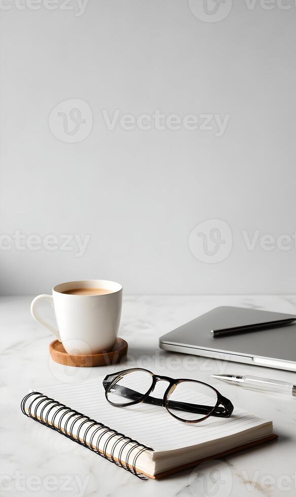 Workplace serenity a cup of coffee beside a laptop and notebook inviting focus and productivity neutral palette photo