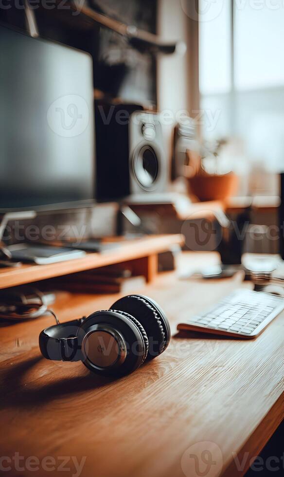 Workspace serenity featuring headphones on a wooden desk with a monitor speaker and natural light shining through a window photo