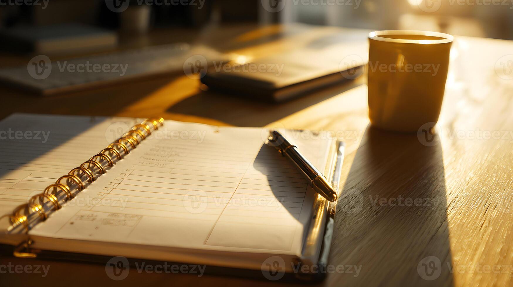 Warm sunlight illuminating a desk with notebook, pen, coffee mug and keyboard creating a cozy workspace scene photo
