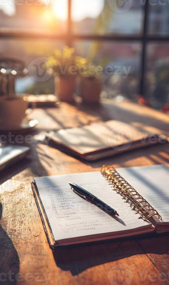 Aesthetic Workspace with Journal Open Pen and Morning Sunlight Inviting Productivity and Reflection photo