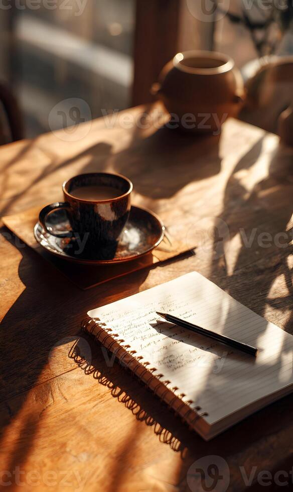 Warm morning light illuminating a cozy wooden table with coffee and a notepad for creative inspiration photo