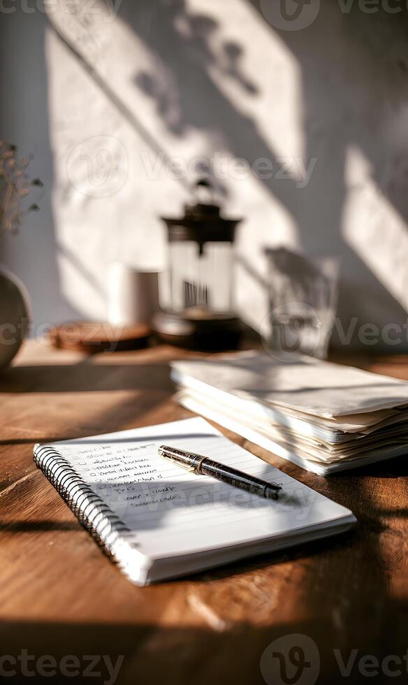 Creative workspace still life composition featuring a notebook pen and french press coffee maker photo