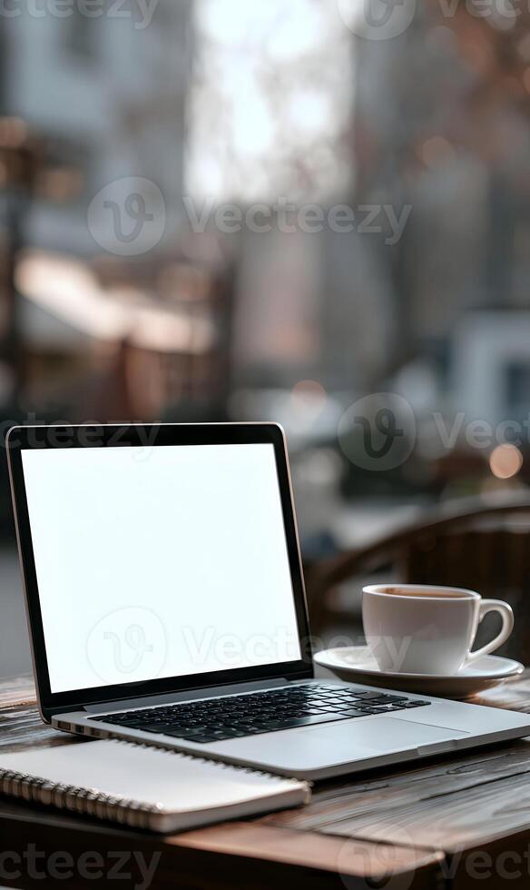 Laptop and coffee cup create a workspace atmosphere inviting relaxation and productivity in a cafe setting photo