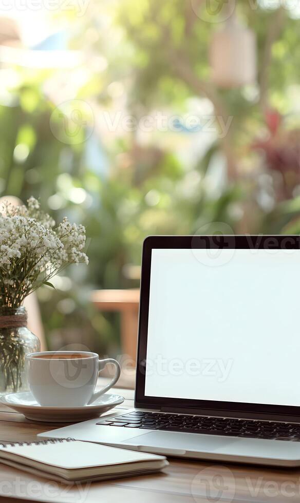 Serene workspace featuring a laptop with a blank screen, alongside coffee and flowers creating a peaceful office atmosphere photo