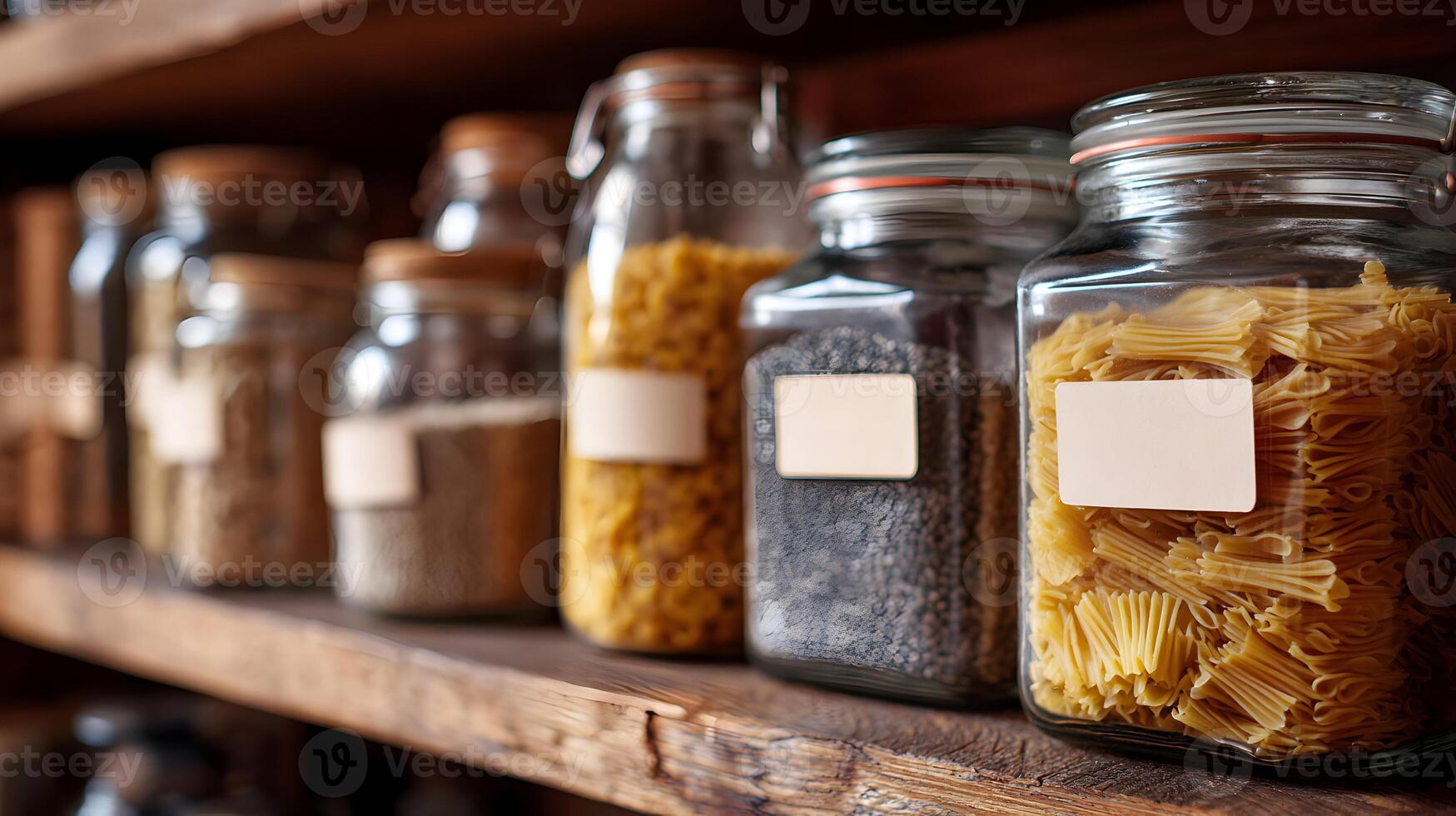 Pantry staples in glass jars on wooden shelves displaying an assortment of dry goods and pasta photo